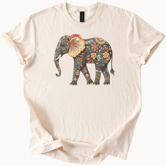 Floral Elephant Shirt Colorful Animal Graphic Tee Flower Pattern Elephant Shirt - Picture 1 of 6